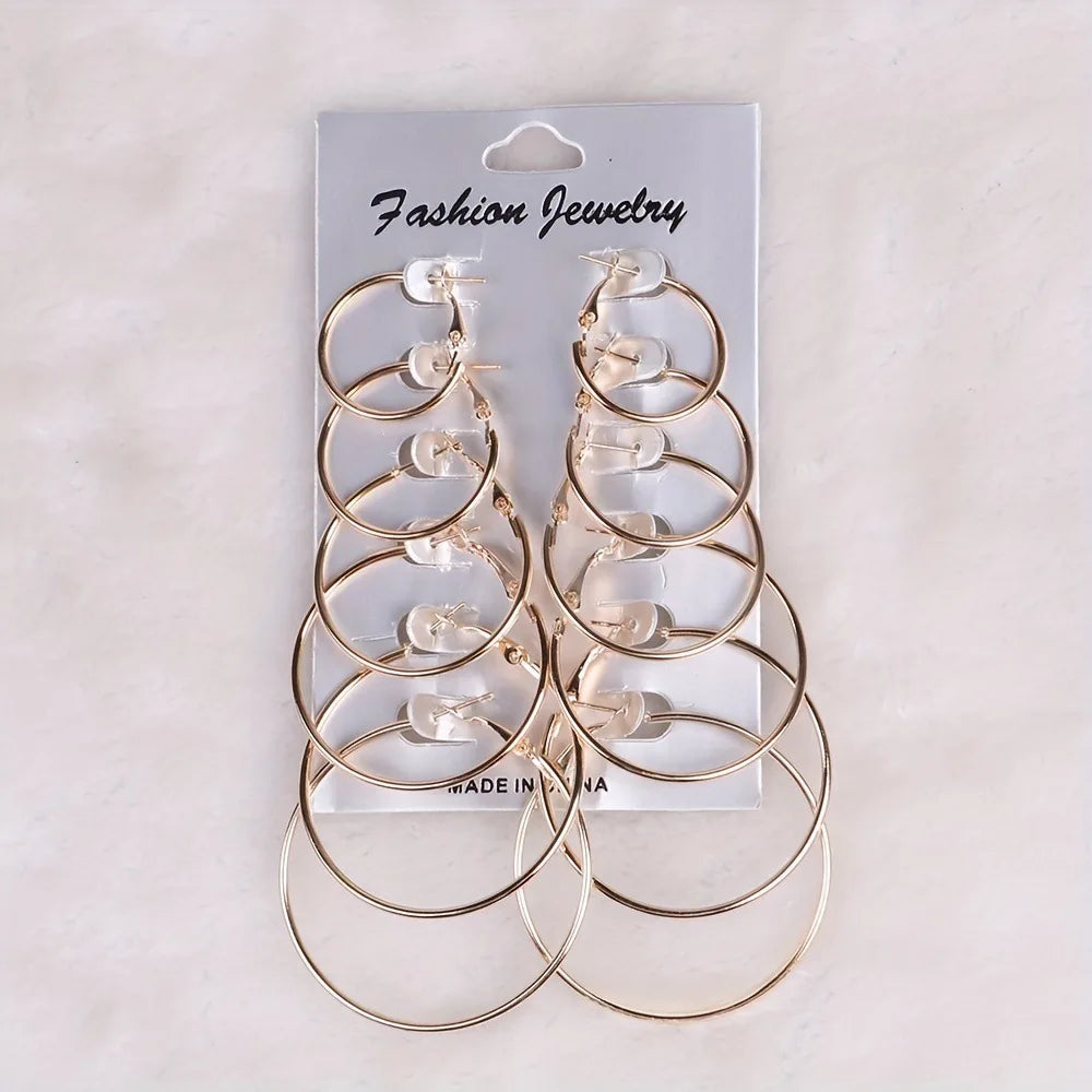 6 Pairs of Fashionable, Classic, Versatile, Personalized, Exaggerated Metal Round Women's Earring Set, Suitable for Daily Wear