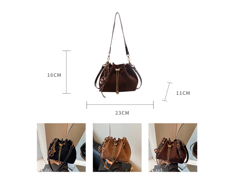 Women Vintage One Shoulder Bag Frosted Solid Drawstring Soft All-Match Bucket Bags High-Grade Versatile Commute Crossbody Packs