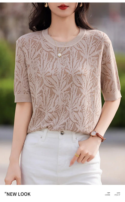 T-shirt Women Tops Summer 2025New Clothing Body O-neck Half Sleeve Tees Shirt  Solid Color Maple Leaf Pattern Casual Fashion Top