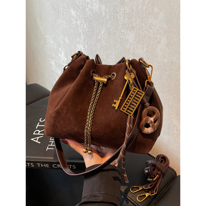 Women Vintage One Shoulder Bag Frosted Solid Drawstring Soft All-Match Bucket Bags High-Grade Versatile Commute Crossbody Packs