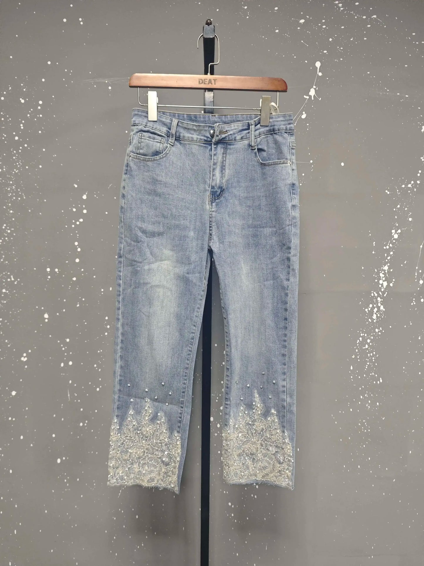 Women's Jeans High Waist Slim Hollow Out Lace Flowers Sequins Stretch Denim Pencil Pants 2025 Summer New Fashion
