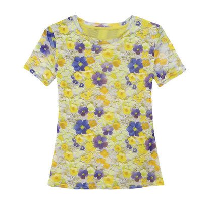 Summer Tops for Women: Breathable Mesh-Lined Slim Fit Tee with Trendy Prints Youthful Mother's Casual Short Sleeve T Shirts