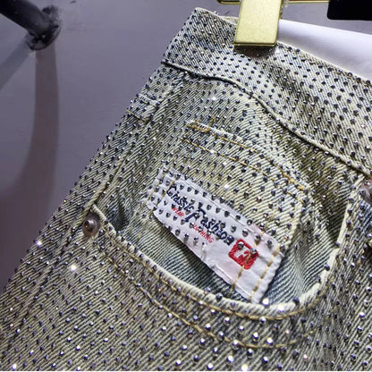 European Jeans, 2025 Spring Clothing New Heavy Industry Full Body Hot Diamond High Waist Skinny Wide Leg Straight Jeans Women