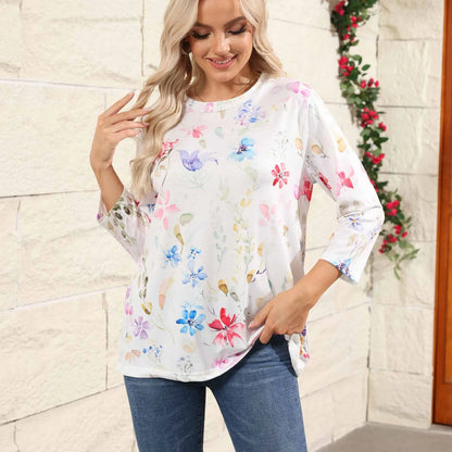 2024 Women Summer Tops Comfortable T Shirt Fashion Flower Print Round Neck 3/4 Sleeve Tops Soft Versatile Pullover Ropa De Mujer