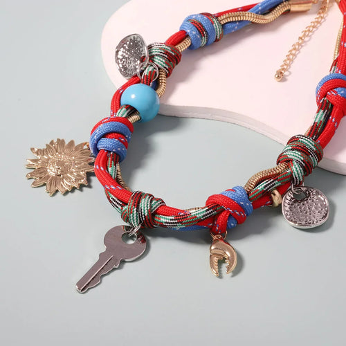 Coloured Cord Necklaces For Women Statement Accessory With Charms Bohemian Vintage Key Crab Clap Flower Choker Rope Necklace