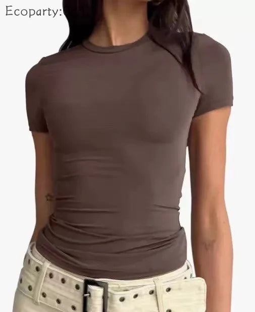 Summer Women's Tops Causal Basic T-Shirts Scoop Neck Short Sleeved Crop Tops Cute Slim Fit Tees Pullovers Clothing Y2K 2025 New