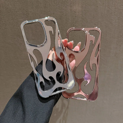 Fashion Plating 3D Hollowed Flame Phone Case For iPhone 16 15 14 13 12 11 Pro Max Fundas Creative Electroplated Soft Back Cover