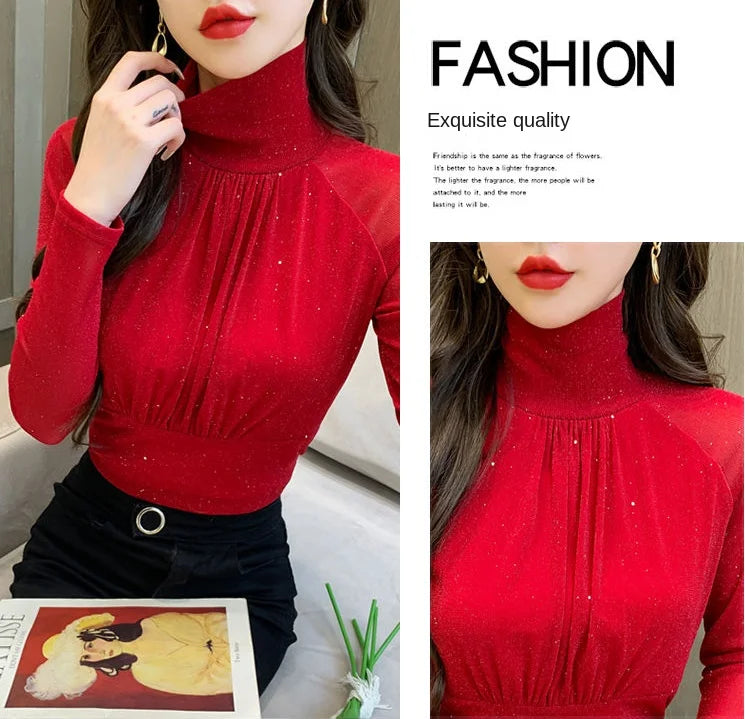 Tops Woman Autumn Winter Red Long Sleeve T Shirt for Women Rhinestone Turtleneck Glitter Sequin Cheap Clothes Elegant Clearance