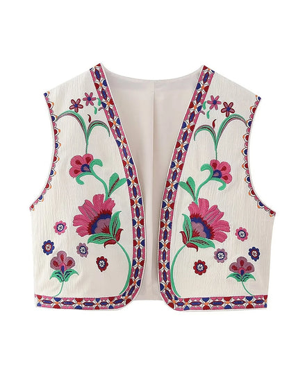 Women Vintage Embroidered Crop Vest Top Y2K Boho Floral Sleeveless Open Front Cardigan Flower Linen Vest Waistcoat Gilet Outwear