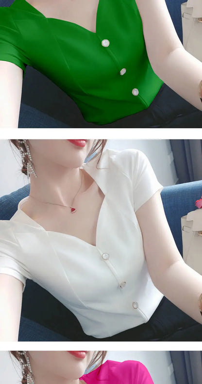 Womens Tops And Blouses Summer Short Sleeve Blouse Women Blusas Mujer De Moda 2022 Turtleneck Knitted Blouse Shirt Tops