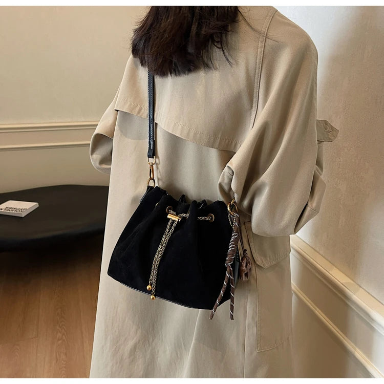 Women Vintage One Shoulder Bag Frosted Solid Drawstring Soft All-Match Bucket Bags High-Grade Versatile Commute Crossbody Packs