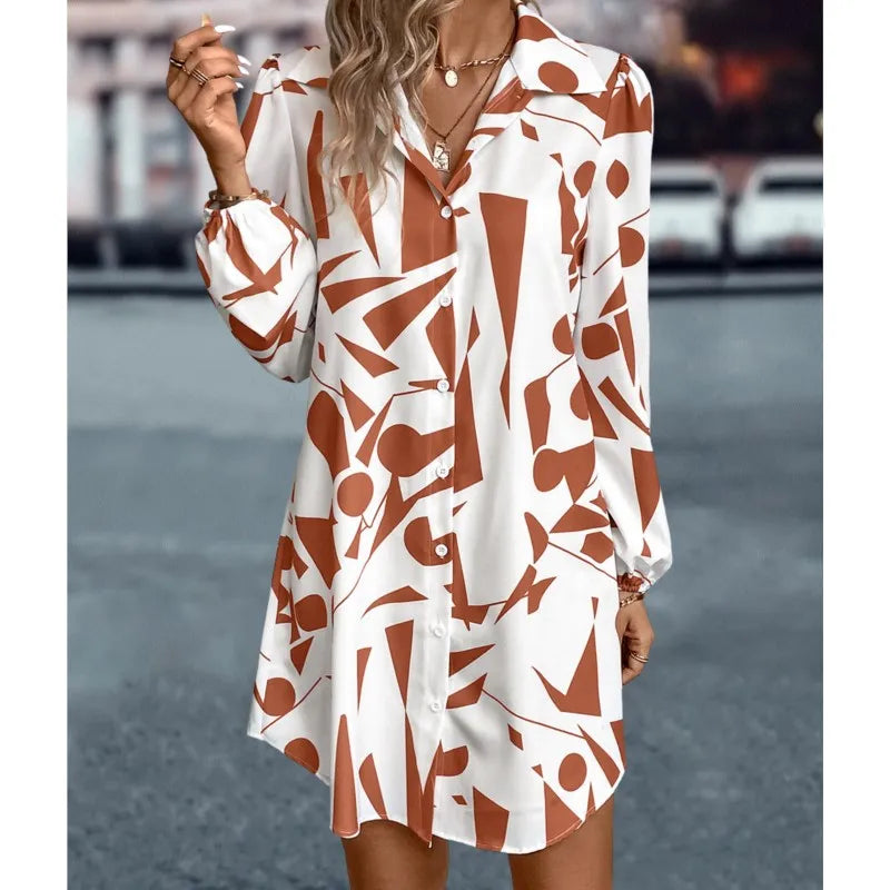 Women's Dresses New Printing Loose V-Neck Single Breasted Long Sleeve Elegant Casual Streetwear In 2024 Summer Vestidos For Lady
