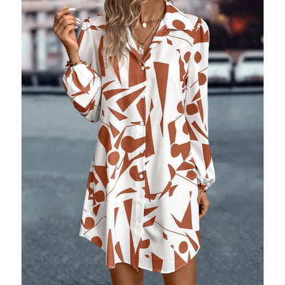 Women's Dresses New Printing Loose V-Neck Single Breasted Long Sleeve Elegant Casual Streetwear In 2024 Summer Vestidos For Lady