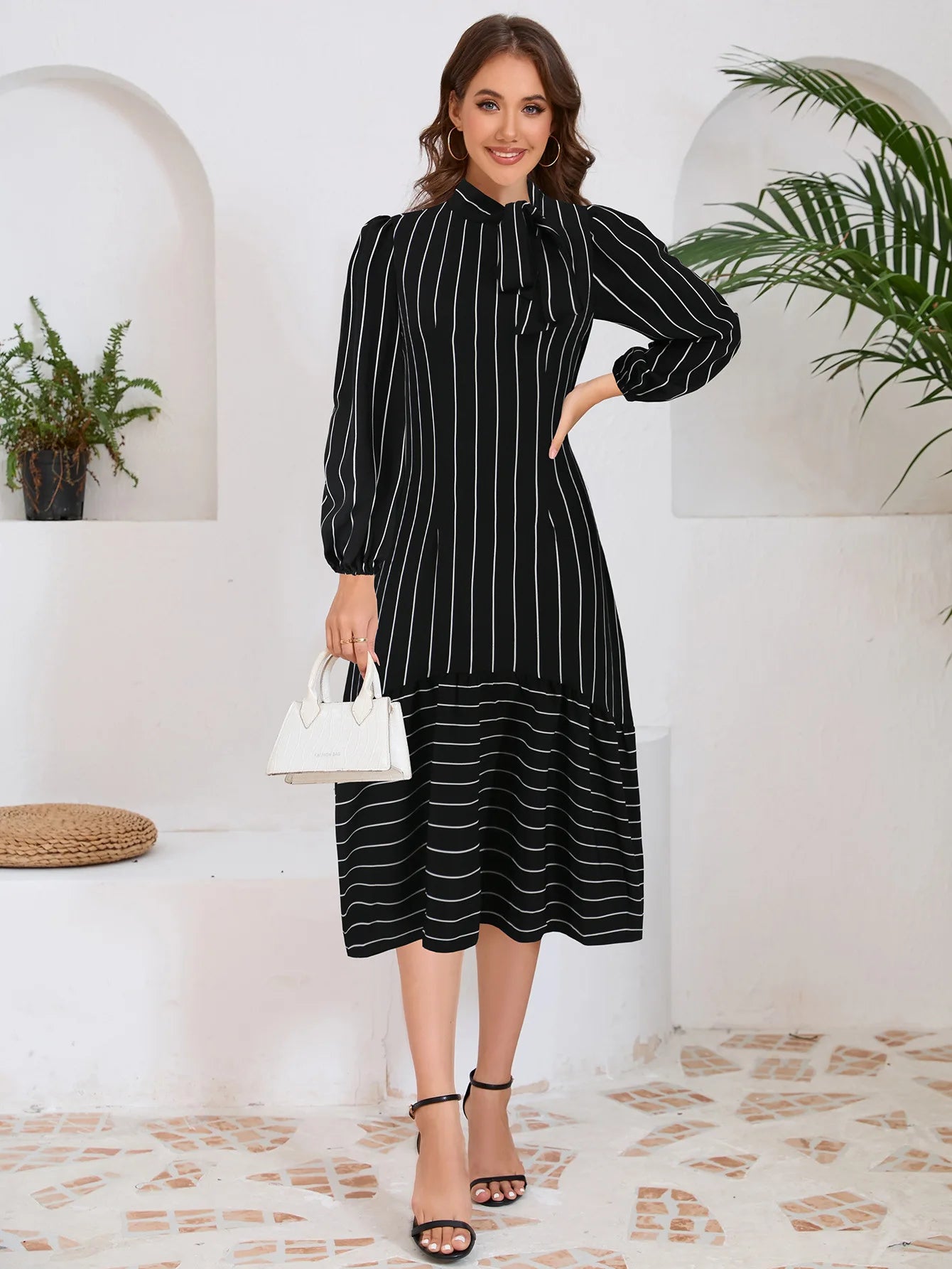 Women's Dresses Formal Fashion Office Lady Professional High-end Stand-up Collar Thin Striped Party Dress Vestidos De Mujer