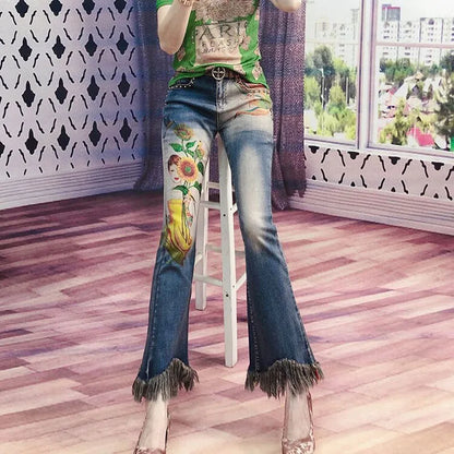 Beaded jeans for women with Rivet and diamond-encrusted casual street fashion cotton slim Flare Pants
