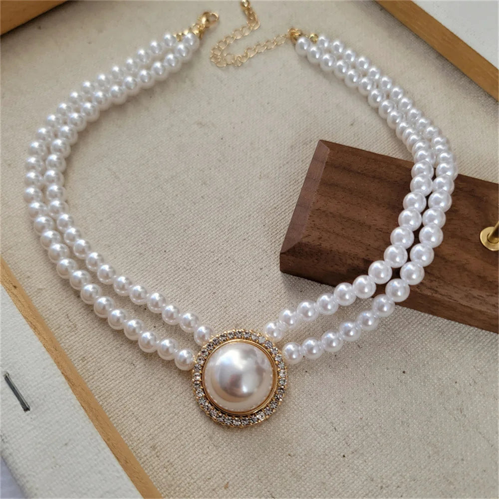 Women Elegant Pearl Double Layers Necklace Earrings Exquisite Vintage Classic Chains For Lady Party Wedding Retro Jewelry Choker