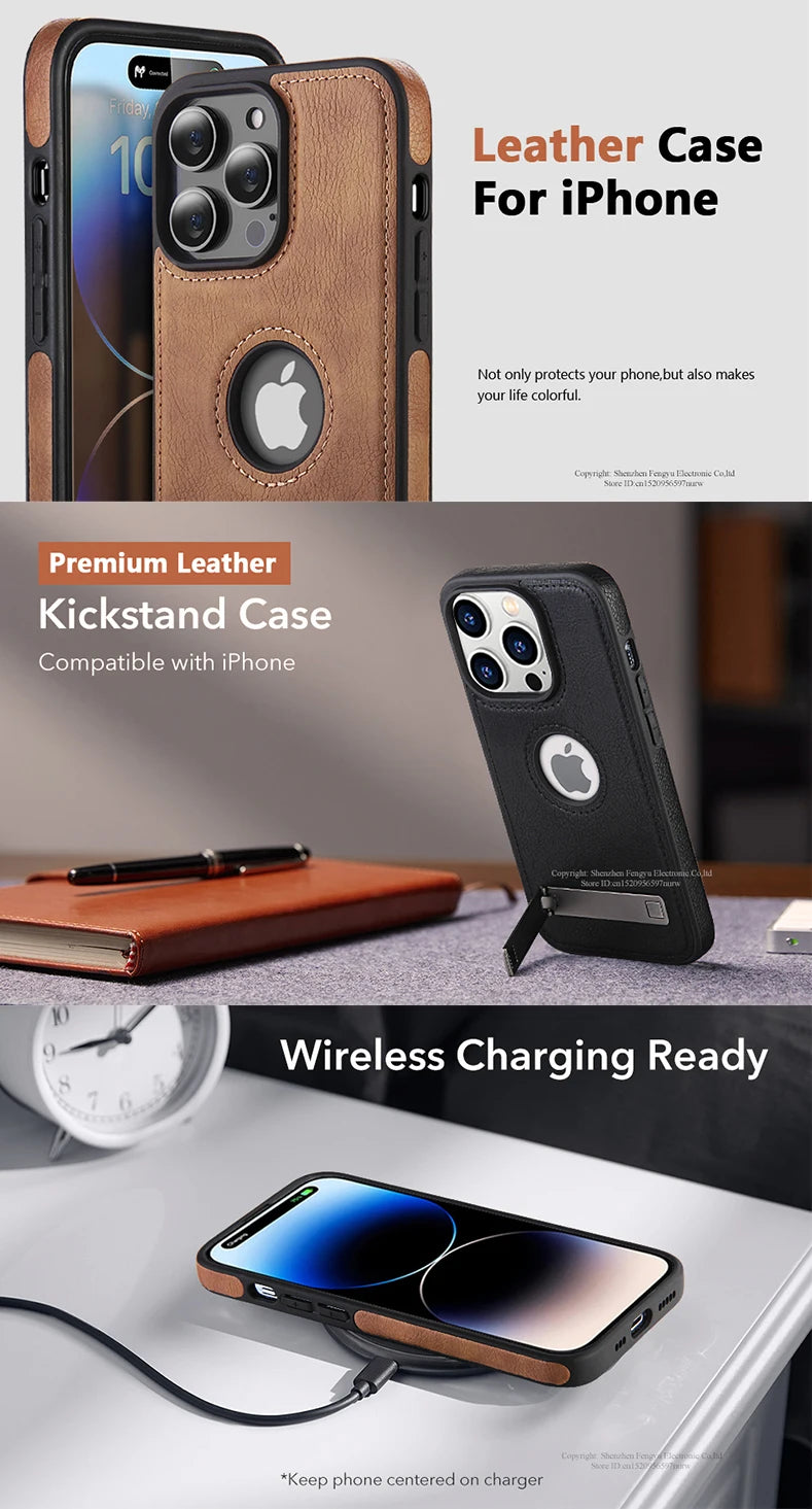Leather Phone Case for iPhone 15 14 Pro Max Plus 13 12 11 Mobile Cases with Slim Metal Kickstand Soft Grip Luxury Back Cover