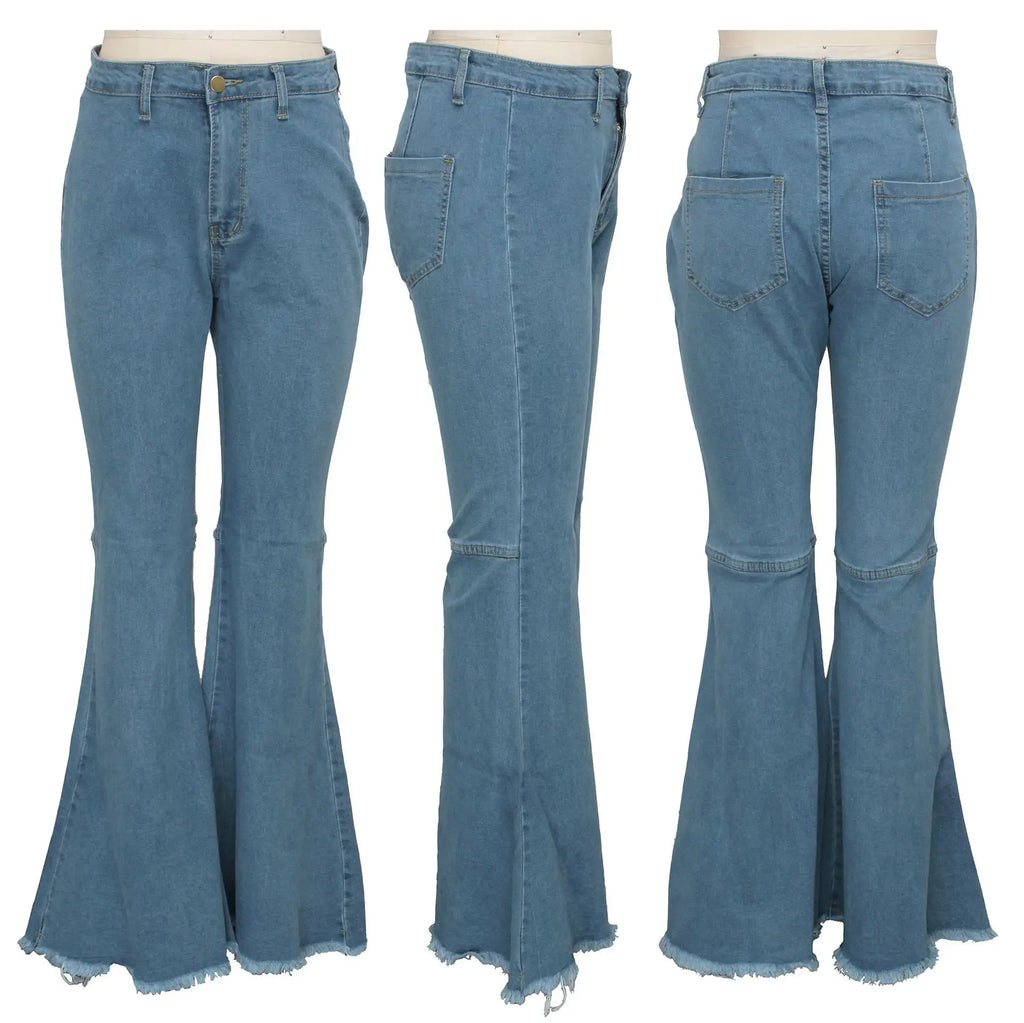 Women Jeans Flare Pants Sexy Denim Long Pant Hip Wrap Casual Solid Elegant Splice Regular Slim Fit High Waist Trousers Summer