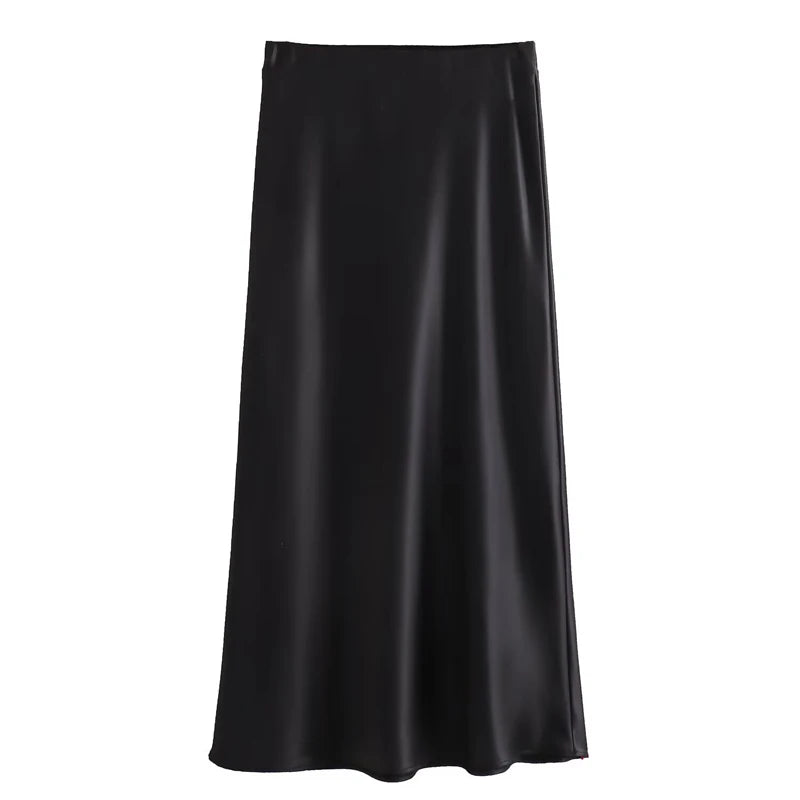 TRAF Women's Skirt Summer Elegant Satin Skirt Stylish Lady High Waist Skirts Cylinder Green Black Skirt Woman Office Street Wear