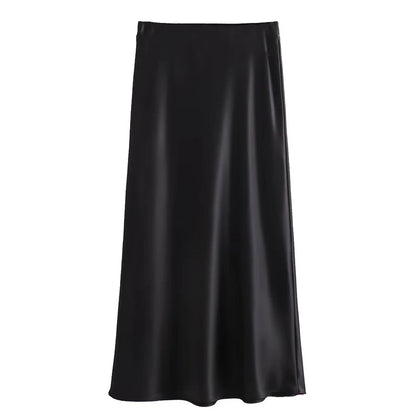 TRAF Women's Skirt Summer Elegant Satin Skirt Stylish Lady High Waist Skirts Cylinder Green Black Skirt Woman Office Street Wear