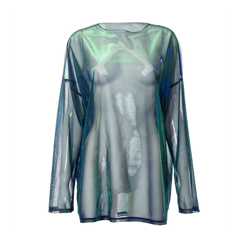 See Through T Shirts For Women Y2k Clothes Sexy Crop Tops Long Sleeve Oversized Tshirt O-Neck Club Outfit Reflective Egirl Tees