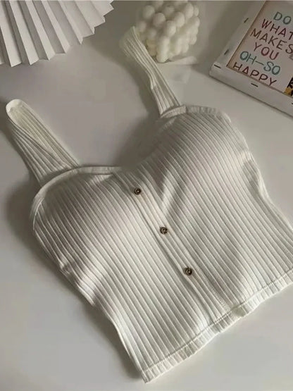 2025 Women's Cropped Tops with Bra Pads Summer Corset Korean Suspenders Vest Sexy Camisole Slim