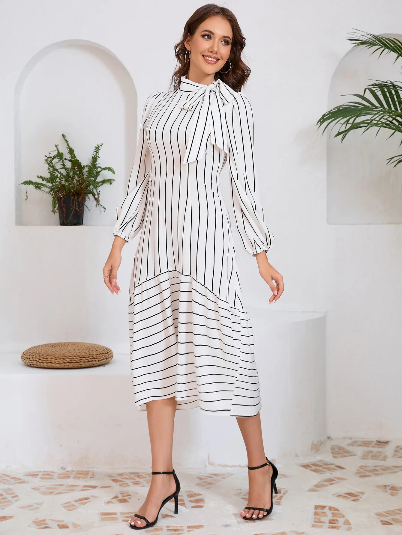 Women's Dresses Formal Fashion Office Lady Professional High-end Stand-up Collar Thin Striped Party Dress Vestidos De Mujer