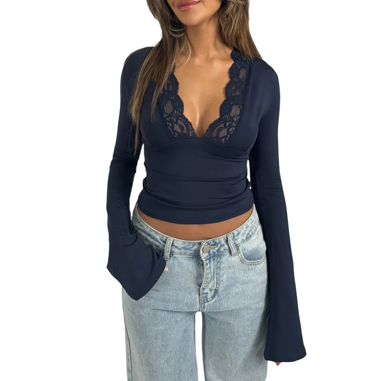 Women Fall Tops  Lace Trim Deep V Neck Bell Sleeve Crop Shirt Casual Streetwear