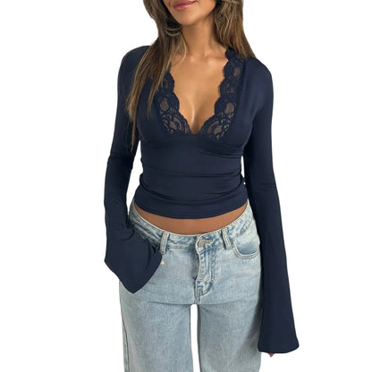 Women Fall Tops  Lace Trim Deep V Neck Bell Sleeve Crop Shirt Casual Streetwear
