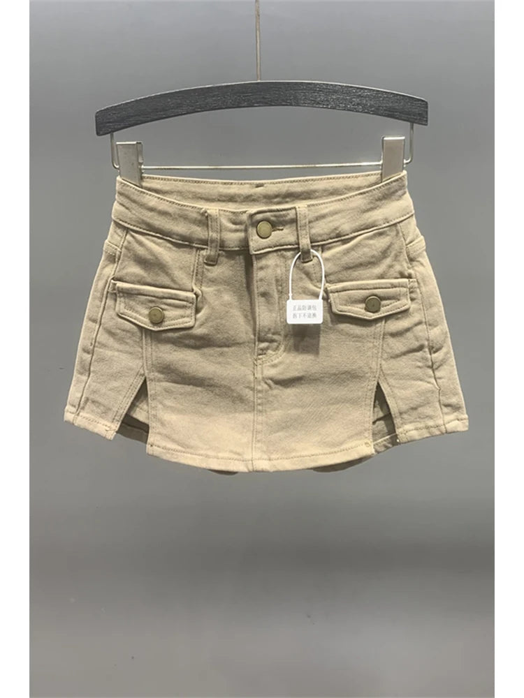 Women Khaki Denim Skirt Y2k Elegant A-Line Skirt Harajuku Korean Vintage Fashion 90s High Waist Jean Shorts Skirts 2000s Clothes