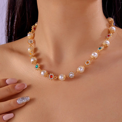2025 New Flower Necklace For Women Trendy Pearl Patchwork Colorful Flower Neck Chain Light Luxury Jewelry Neck Accessories
