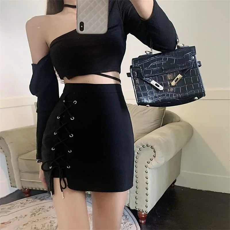 Women Summer Black Skirt Korean Lace Up Skinny Short Skirts High Waist Streetwear Gothic Y2K Bandage Female Skirt New