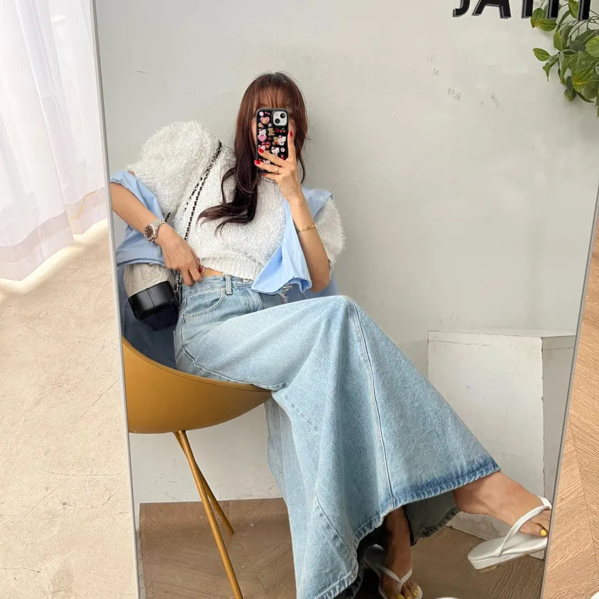 Long Denim Skirt Women 2024 Summer New Arrivals Heart Pattern High Waist A Line Jean Skirt For Women Streetwear Maxi Skirts