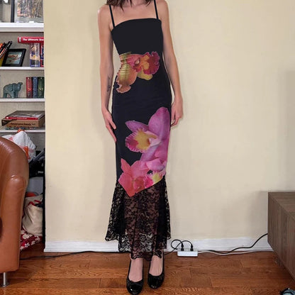 Women's Dresses New Summer Sexy Black Lace Fashion Print Sleeveless Backless Strap Maxi Dress Casual Club Elegant Female Dresses