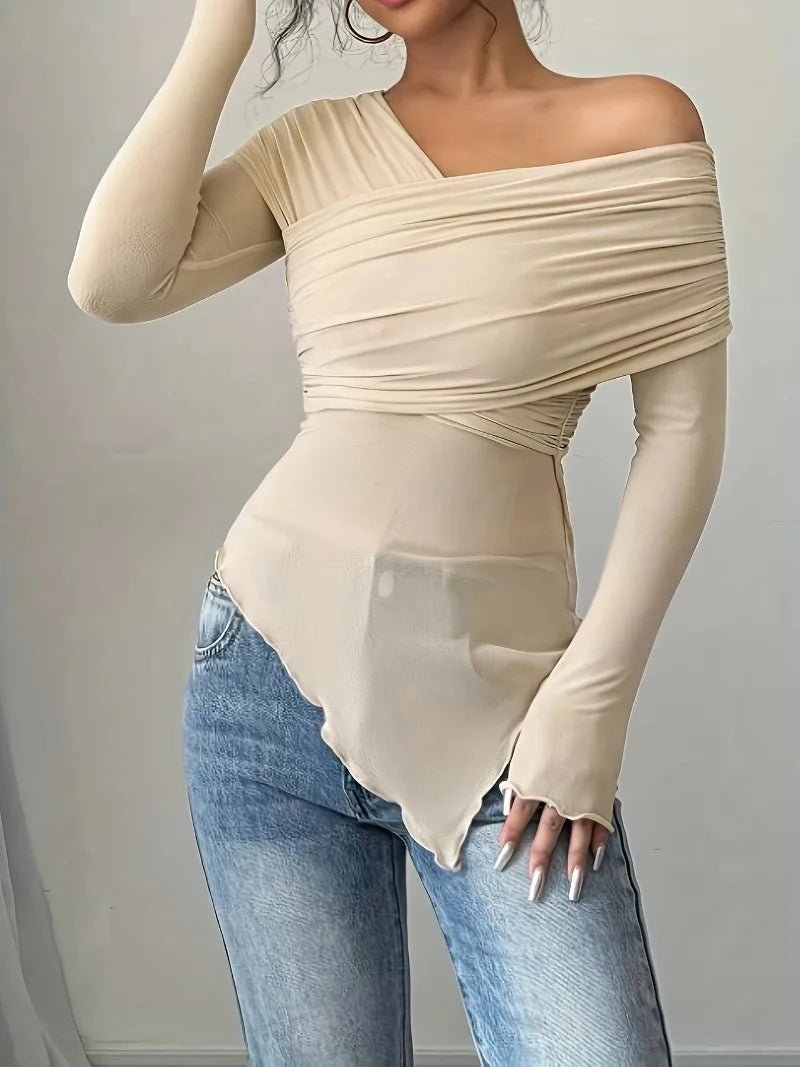 Women's Tops Summer Casual Fashion V-Neck Long Sleeve Strapless Top T-Shirt Women Clothing Feminist Shirt Harajuku Y2k Top