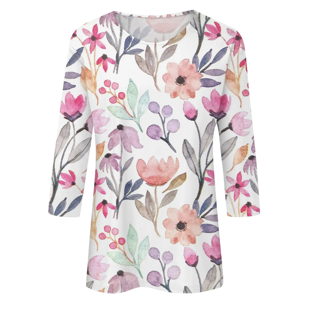 2024 Women Summer Tops Comfortable T Shirt Fashion Flower Print Round Neck 3/4 Sleeve Tops Soft Versatile Pullover Ropa De Mujer