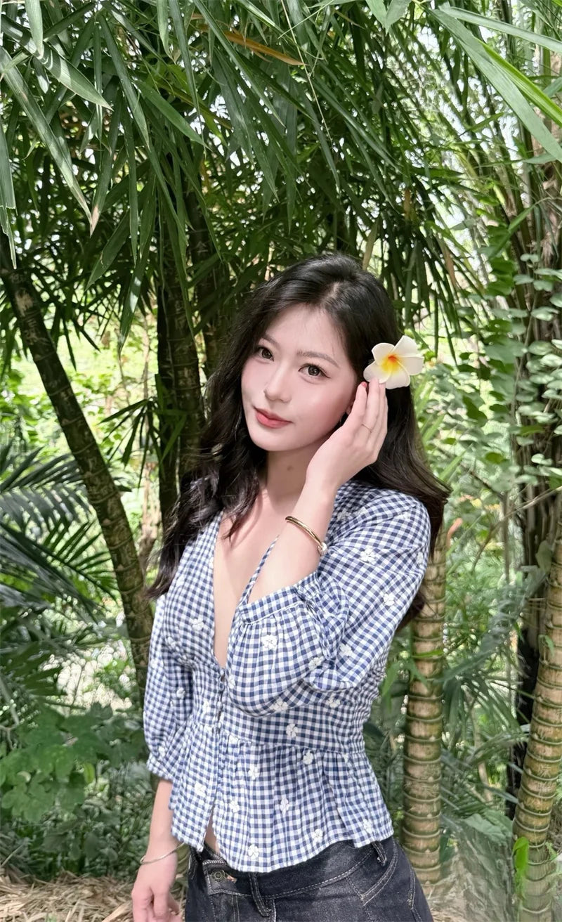 Women's Tops New Summer 2025 Small Check Tops Embroidered Trims Sexy Deep V-Neck Casual Fashion Versatile Personality