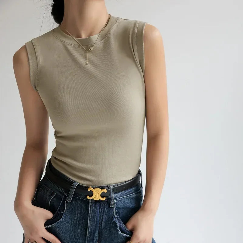 Women's Pure Cotton High Strecth Sleeveless Top Scoop Neck Breathable Solid Versatile Basic Camisole T-shirt Hot Tops for Women