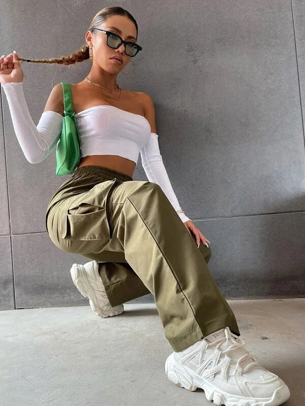 Fashion Women Baggy Joggers Pants Casual Communte Female Chic Straight Cargo Pant Elastic High Waist Elegant Oversized Trousers