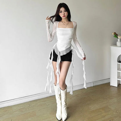 Sexy Women's Tops Fashion White Black Irregular Ribbon T-shirts for Women Long Sleeve Ruffles Slim Punk Tops Female Clothing Y2k