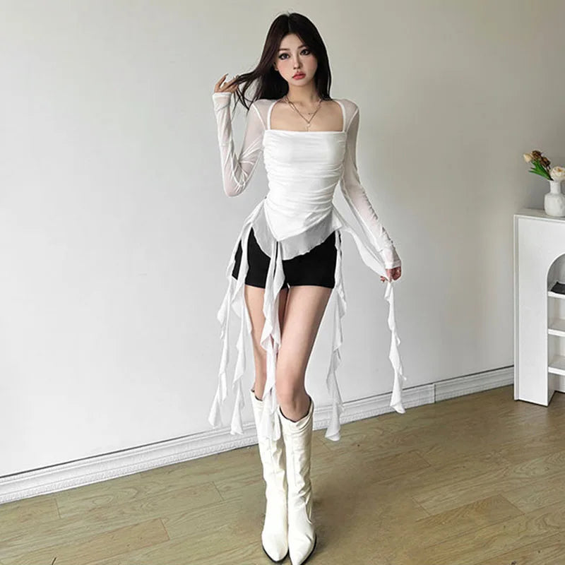 Sexy Women's Tops Fashion White Black Irregular Ribbon T-shirts for Women Long Sleeve Ruffles Slim Punk Tops Female Clothing Y2k