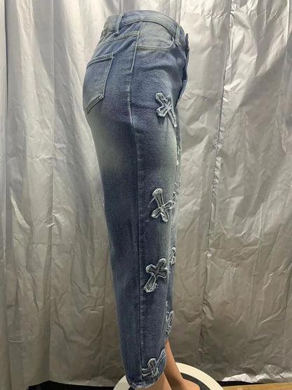 Fashion Women Cotton Jeans High Waist Vintage Wash Denim Tassels Cross Trousers Y2K Streetwear Straight Leg Pants 2024