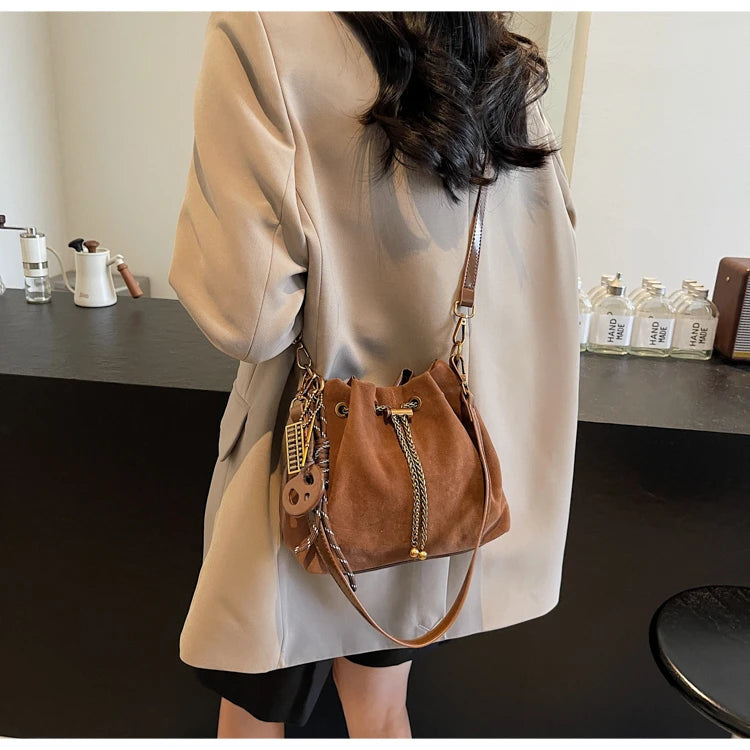Women Vintage One Shoulder Bag Frosted Solid Drawstring Soft All-Match Bucket Bags High-Grade Versatile Commute Crossbody Packs