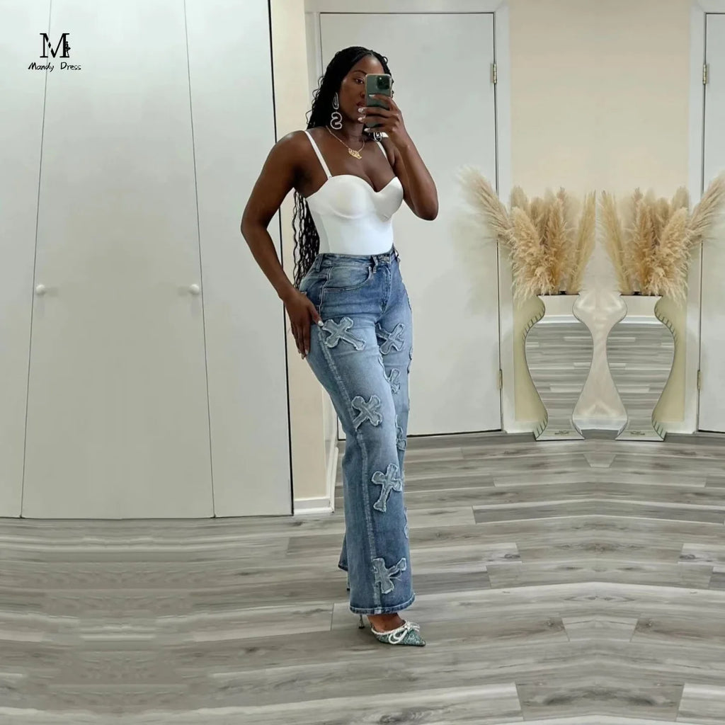 Fashion Women Cotton Jeans High Waist Vintage Wash Denim Tassels Cross Trousers Y2K Streetwear Straight Leg Pants 2024