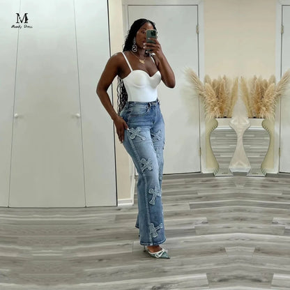 Fashion Women Cotton Jeans High Waist Vintage Wash Denim Tassels Cross Trousers Y2K Streetwear Straight Leg Pants 2024