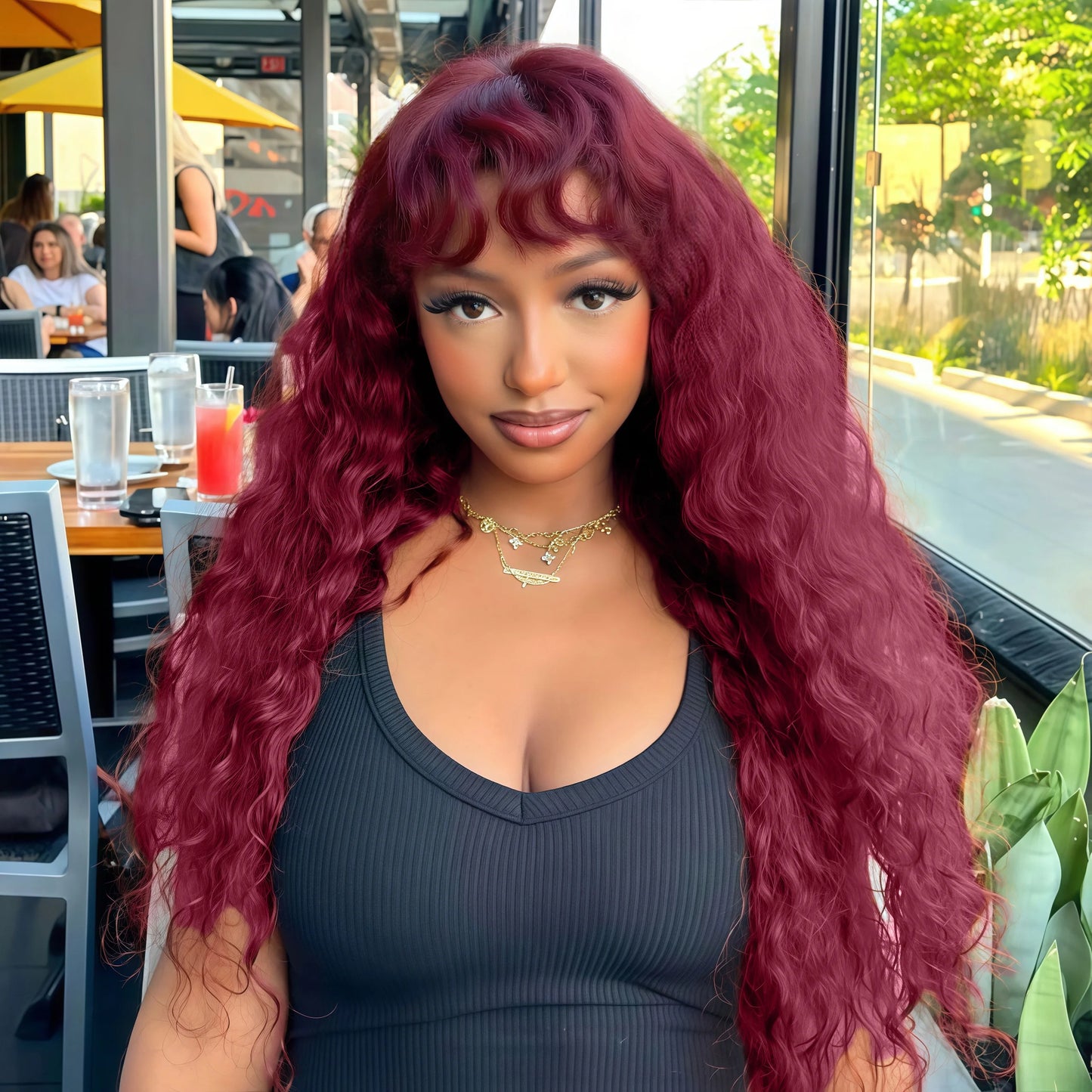 Curly Wig with Bangs Human Hair 99J Burgundy Water Wave Color Wigs Red wig with Bangs Colored 100% Brazilian Human Hair