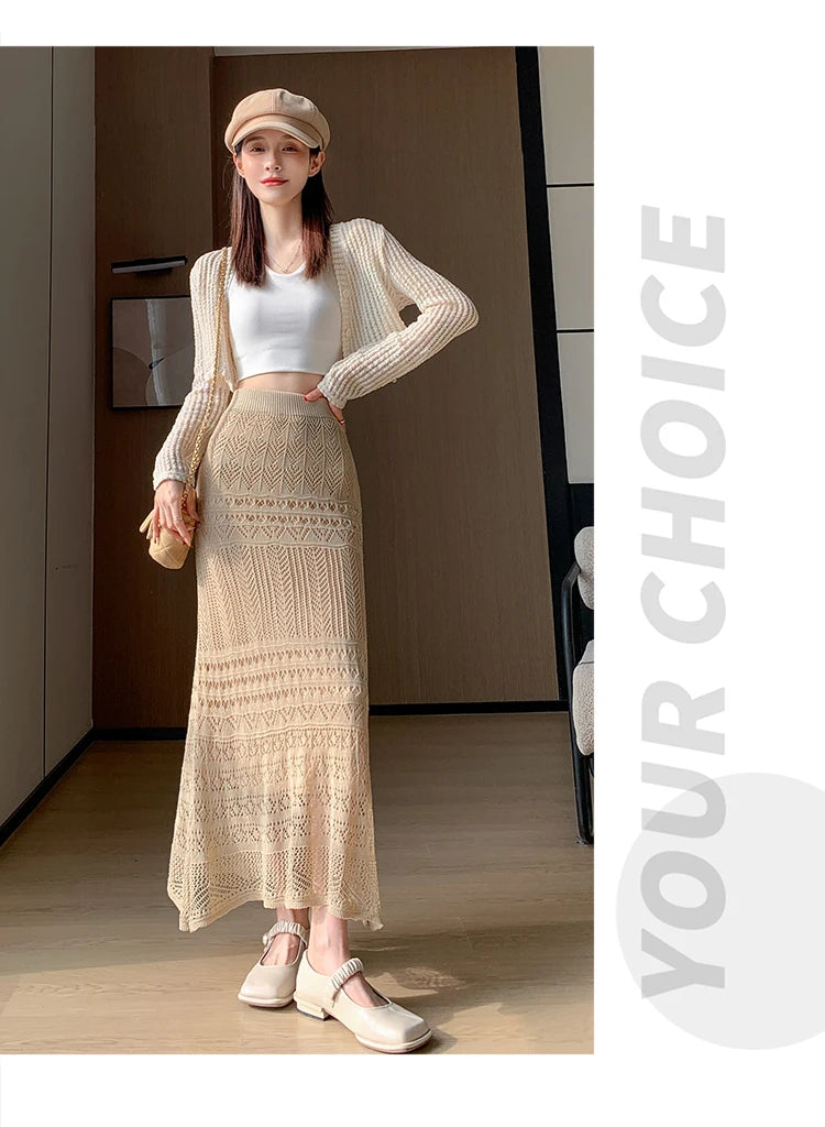 Skirts Women Trumpet High Waist Long Skirt Female Summer Elegant Knitted Hollow Out Fahison Skirt Bottom