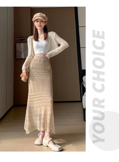Skirts Women Trumpet High Waist Long Skirt Female Summer Elegant Knitted Hollow Out Fahison Skirt Bottom