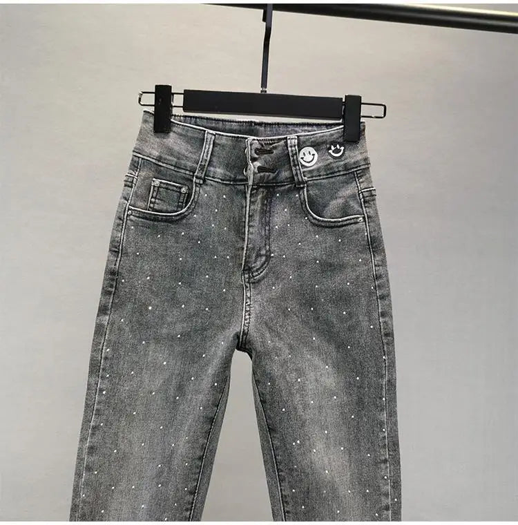 Women's Jeans 2025 Summer New Elastic Slim Heavy Industry Hot Diamond Small Foot Pencil Pants Female Casual Denim Trousers