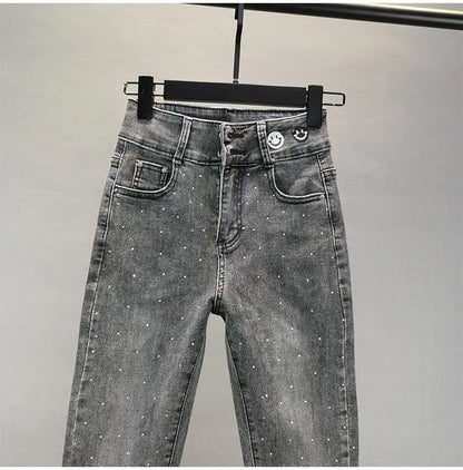 Women's Jeans 2025 Summer New Elastic Slim Heavy Industry Hot Diamond Small Foot Pencil Pants Female Casual Denim Trousers